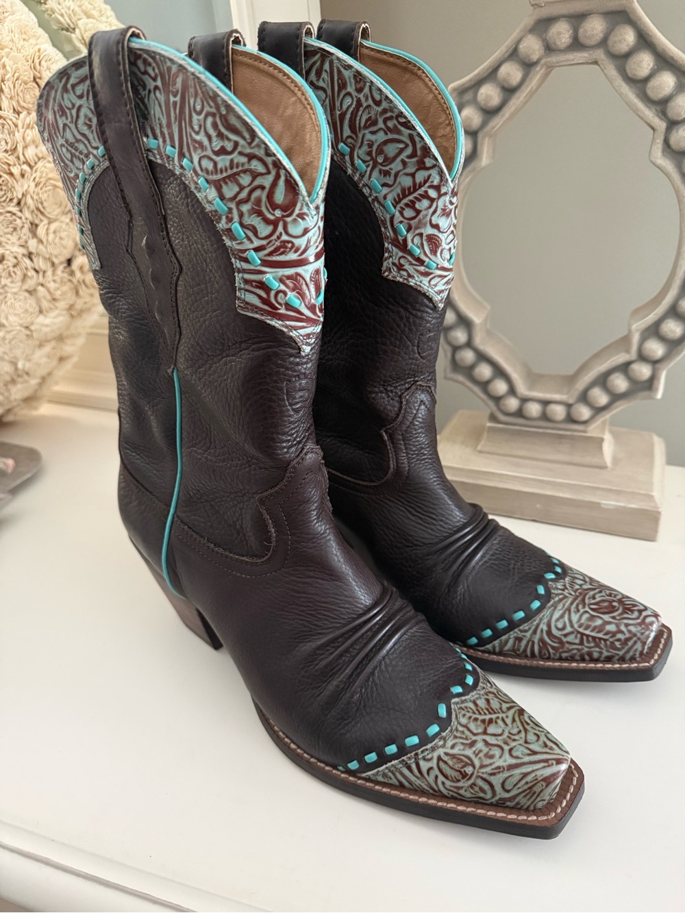 Ariat Brown Leather Western Boots with Turquoise Accents